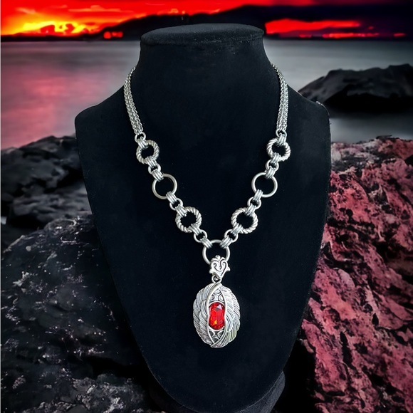 stainless steel necklace double wheat chain angel wings red stone charm . - Picture 4 of 13